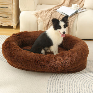 Coffee Fluffy Donut Pet Bed | Anti-Anxiety Design | Soft Cozy Bed for Pets | Machine Washable | Size M 75x55x18cm