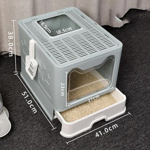 Blue Foldable Cat Litter Box | Pull-Out Tray | Easy Cleaning | Anti-Splash Design | 51x41x38cm