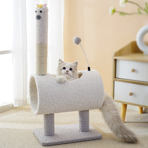 White Interactive Cat Tunnel | Scratching Post & Spring Toy | Cozy Kittens Play Area | 35x23x71cm