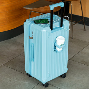 Smart Hard-Shell Luggage | USB Charging Port & Cup Holder | 24-Inch Spinner Suitcase | Blue