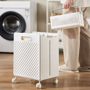 Foldable Laundry Basket with Wheels | Cream Yellow | Rolling Hamper | Home Storage Solution | 33x28x48cm