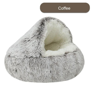 Coffee Plush Hooded Pet Bed | Long Fur Cave Nest | Soft and Cozy | 50cm | Small Pets