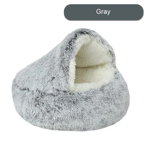 Gray Plush Hooded Pet Bed | Ultra Soft Cave Bed | Cozy Long Fur | 50cm | Small Pets