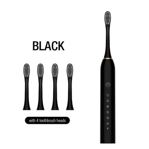 X-3 Sonic Electric Toothbrush | 4 Replacement Brush Heads | USB Charging Cable | Sleek Black Design