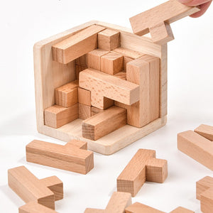 Wooden Brain Teaser Puzzle | 3D Cube Puzzle Game | Natural Wood | Adults & Kids | 2.75 Inches