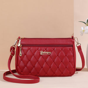 Red PU Leather Quilted Crossbody Bag for Women | Compact Multi-Compartment | Shoulder Purse