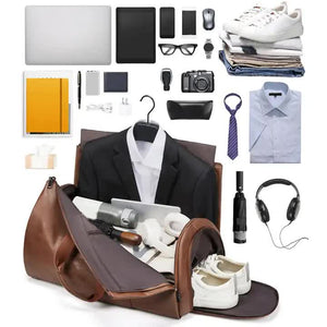 Red PU Leather Travel Duffel Bag | Large Capacity | Waterproof Suit Bag | Shoe Compartment