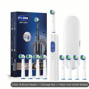 White Rechargeable Electric Toothbrush with Travel Case | 8 Replacement Heads for Deep Cleaning