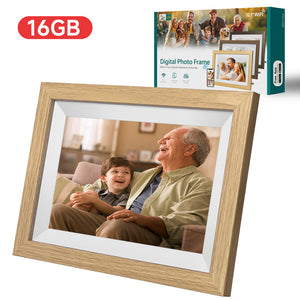 10.1-Inch Wooden Frame WiFi Digital Photo Frame | 16GB Storage | IPS Touchscreen | App Remote Sharing