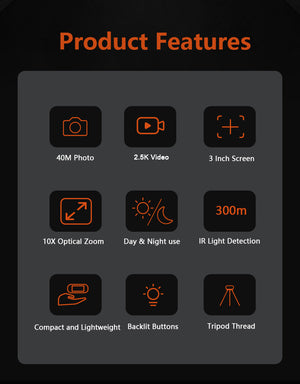 Digital Night Vision Binoculars | Black | 3.0" IPS Screen | 10X Optical Zoom | 2.5K Video Recording | Infrared for 300m Range
