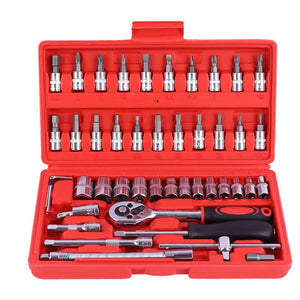 46-Piece Professional Socket Wrench Set | 1/4 Drive | Chrome Vanadium Steel | Ratchet & Bit Kit for Automotive & Household Repairs | Red Box