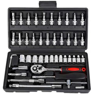 46-Piece Professional Socket Wrench Set | 1/4 Drive | Chrome Vanadium Steel | Ratchet & Bit Kit for Automotive & Household Repairs | Black Box