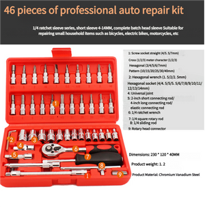 46-Piece Professional Socket Wrench Set | 1/4 Drive | Chrome Vanadium Steel | Ratchet & Bit Kit for Automotive & Household Repairs | Black Box