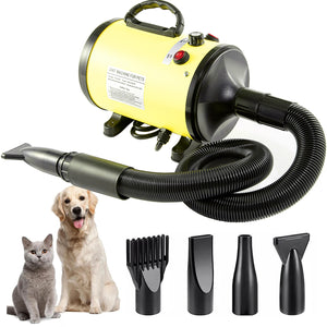 Pet Hair Dryer with Multiple Nozzles | Powerful & Quiet | Dogs & Cats | Yellow