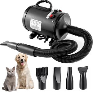 Pet Hair Dryer with Multiple Nozzles | Powerful & Quiet | Dogs & Cats | Black