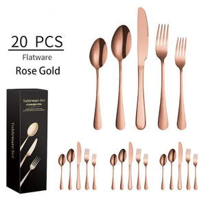 Rose Gold 410 Stainless Steel Cutlery Set | Western Steak Knife, Fork & Spoon Set, 4 Set/20-Piece Dinnerware Set
