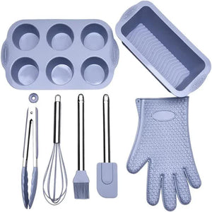 Grey 7-Piece Silicone Bakeware Set | Includes Whisk, Spatula, Brush, Gloves & Cake Molds | Home Baking Essentials