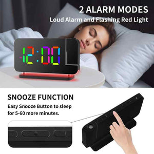 Black RGB LED Projection Alarm Clock | Multi-Color Night Light | Snooze Function