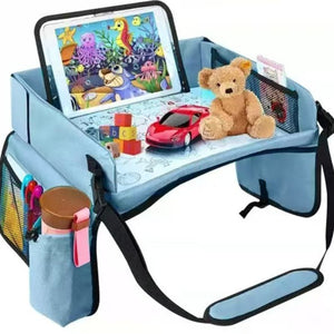 Blue Kids Travel Tray with Storage | Car Seat Organizer for Toys & Snacks