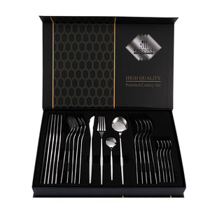 Silver Premium 24-Piece Stainless Steel Cutlery Set | Elegant Golden Steak Knife, Fork, and Spoon Set in Luxury Gift Box