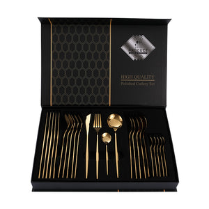 Gold Premium 24-Piece Stainless Steel Cutlery Set | Elegant Golden Steak Knife, Fork, and Spoon Set in Luxury Gift Box