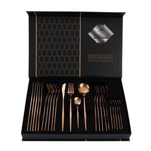 Rose Gold Premium 24-Piece Stainless Steel Cutlery Set | Elegant Golden Steak Knife, Fork, and Spoon Set in Luxury Gift Box