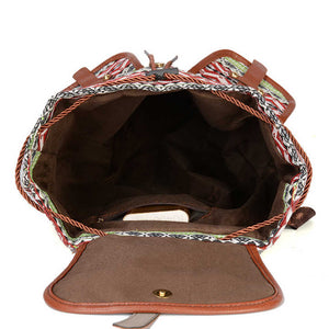 Green Bohemian Style Canvas Backpack | Vintage Tribal Pattern Travel Bag with Leather Straps