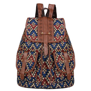 Lozenge Pattern Bohemian Style Canvas Backpack | Vintage Tribal Pattern Travel Bag with Leather Straps
