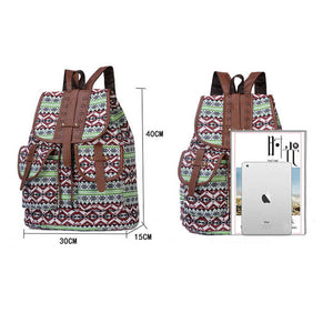 Lozenge Pattern Bohemian Style Canvas Backpack | Vintage Tribal Pattern Travel Bag with Leather Straps