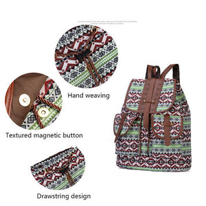 Lozenge Pattern Bohemian Style Canvas Backpack | Vintage Tribal Pattern Travel Bag with Leather Straps