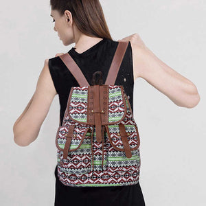 Diamond Pattern Bohemian Style Canvas Backpack | Vintage Tribal Pattern Travel Bag with Leather Straps