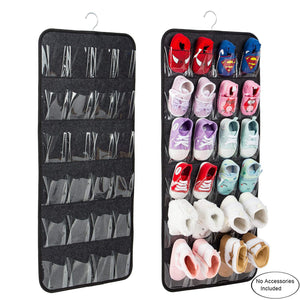 Hanging Felt Shoe Organizer | Grey | 24 Clear Pockets | Anti-Rust Metal Hanger | Storage for Shoes, Toys & Accessories
