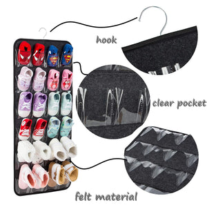 Hanging Felt Shoe Organizer | Grey | 24 Clear Pockets | Anti-Rust Metal Hanger | Storage for Shoes, Toys & Accessories