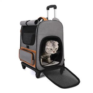 Grey Large Capacity Breathable Foldable Pet Trolley | Travel Cat Carrier with Wheels | Portable & Spacious for Two Cats
