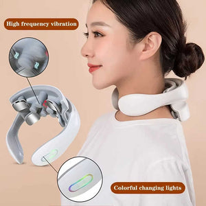 White Portable Electric Neck Massager | Intelligent Pulse Therapy | Heat Function | 4 Massage Heads