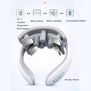 White Portable Electric Neck Massager | Intelligent Pulse Therapy | Heat Function | 4 Massage Heads