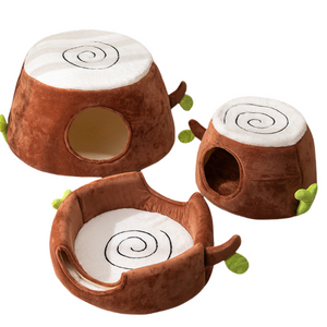 Convertible Tree Stump Cat Bed | Foldable Design | Four-Season Pet Nest | Double Doors | Size S
