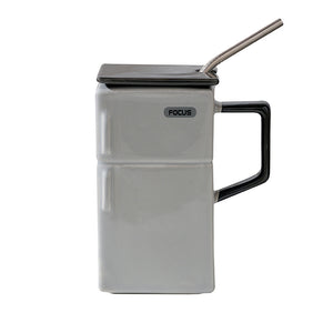 Grey Retro Refrigerator Ceramic Mug with Lid and Straw | 550ml Coffee Cup | Unique Gift for Couples or Office Use