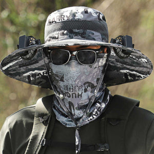 Black Solar-Powered Cooling Wide Brim Hat | USB Rechargeable | Dual Fan Fisherman Cap | UPF50+ | Quick-Dry