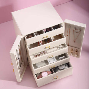 White Elegant Jewelry Storage Box | 5-Layer Large Capacity | Dual Opening Doors | Organize Necklaces, Rings, Earrings