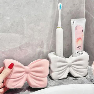 White Creative Ceramic Bowknot Toothbrush Holder | Elegant Bathroom Storage for Electric Toothbrush & Toothpaste