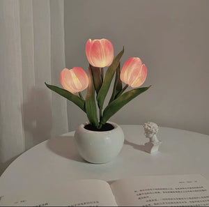 Pink Flowers USB Tulip Night Light | Bedroom Decor Table Lamp with PU Flowers & Ceramic Pot | Perfect Gift for Family & Friends