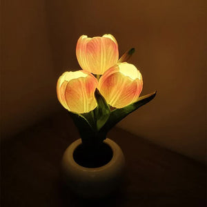 Orange Flowers USB Tulip Night Light | Bedroom Decor Table Lamp with PU Flowers & Ceramic Pot | Perfect Gift for Family & Friends