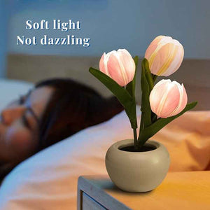 Orange Flowers USB Tulip Night Light | Bedroom Decor Table Lamp with PU Flowers & Ceramic Pot | Perfect Gift for Family & Friends