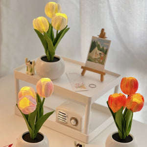 Yellow Flowers USB Tulip Night Light | Bedroom Decor Table Lamp with PU Flowers & Ceramic Pot | Perfect Gift for Family & Friends