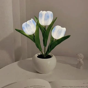 Blue Flowers USB Tulip Night Light | Bedroom Decor Table Lamp with PU Flowers & Ceramic Pot | Perfect Gift for Family & Friends