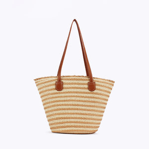 White & Yellow Striped Beach Tote Bag | Handmade Large Capacity | Zipper & Inner Pocket | Summer Woven Shoulder Bag for Women