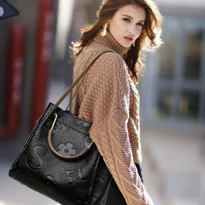 Dark Brown Elegant Embossed PU Leather Tote Bag for Women | Large Capacity Handbag | Inner Pouch