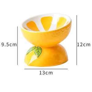 Ceramic Elevated Pet Food Bowl | Cute Lemon Pattern Design | For Cats & Small Dogs