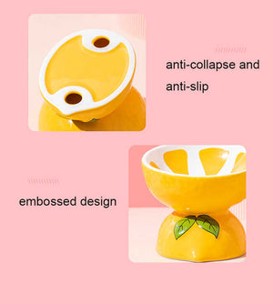 Ceramic Elevated Pet Food Bowl | Cute Lemon Pattern Design | For Cats & Small Dogs